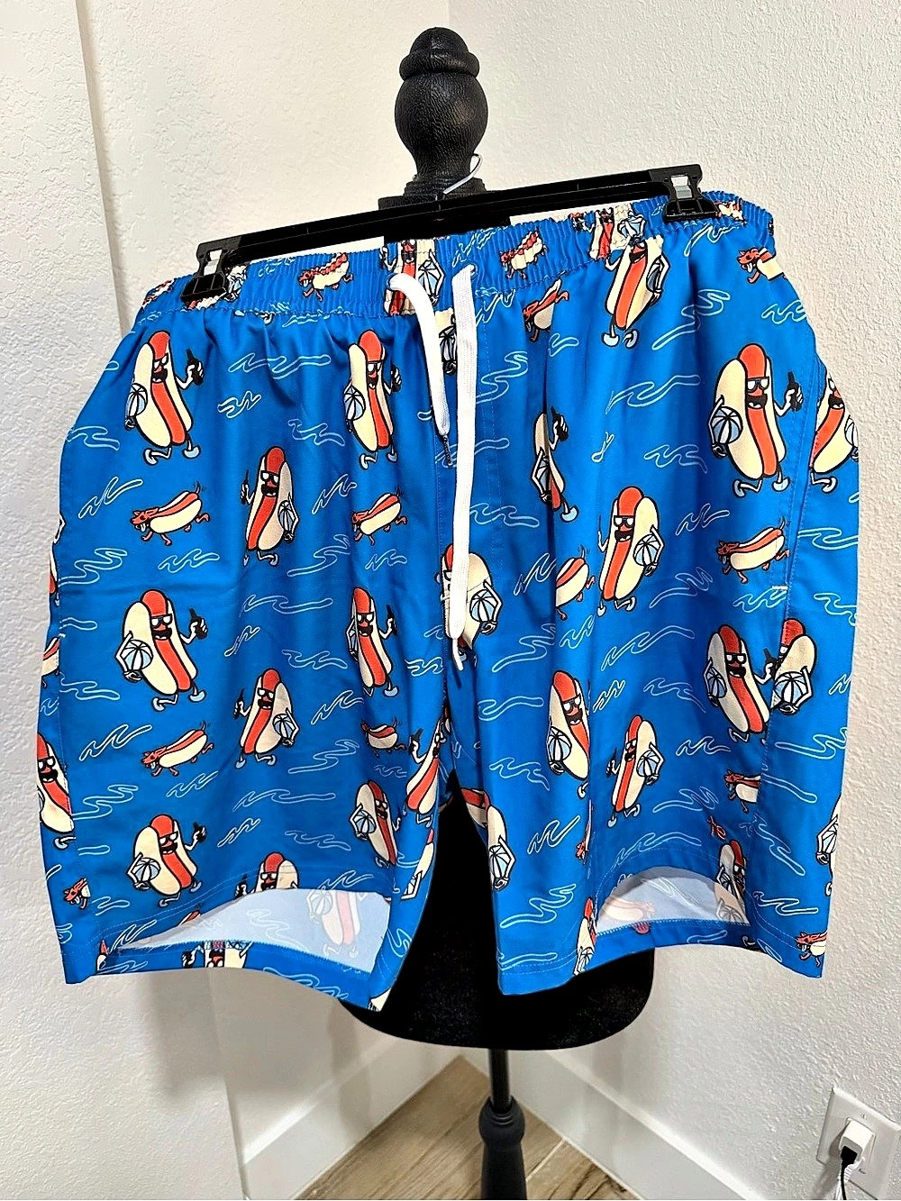 Tipsy Elves Hot Dog Diver Stretch Swim Trunks Blue & Red